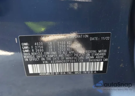 2023 Subaru Legacy Premium из США, поврежденный, VIN 4S3BWAD62P3007729